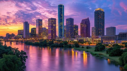 Fototapeta premium Vibrant Sunset Over Houston Skyline with Reflections in Water