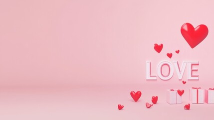 Festive 3D Rendering of Hearts and Love Text on Pink Background