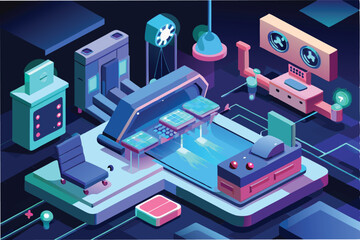 3D futuristic hospital ward treating hmpv and covid virus patients, advanced technology, glowing monitors hmpv and covid virus Clipart Vector