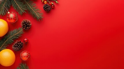 Festive Christmas Flat Lay with Oranges and Pine Cones on Red Background