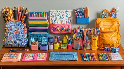 Colorful Backpacks and School Supplies Organized on a Table