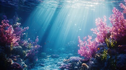 Fototapeta premium Vibrant Coral Reef Underwater Scene with Sunlight Beams