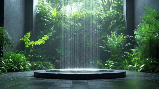 Tranquil indoor garden with waterfall.