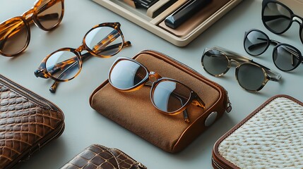 A collection of sunglasses and other accessories on a table