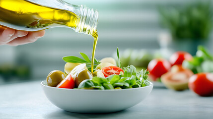 A hand pouring olive oil over a fresh salad, highlighting healthy fats and brain health. A perfect representation of the Mediterranean diet and nutritious eating.