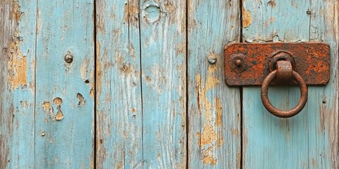 Fototapeta premium Rusty ring on weathered blue door. Old wood texture background. Design