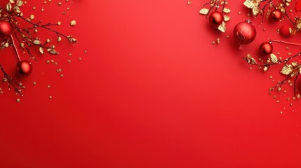 Fototapeta premium Festive Red and Gold Christmas Decorations on Red Background