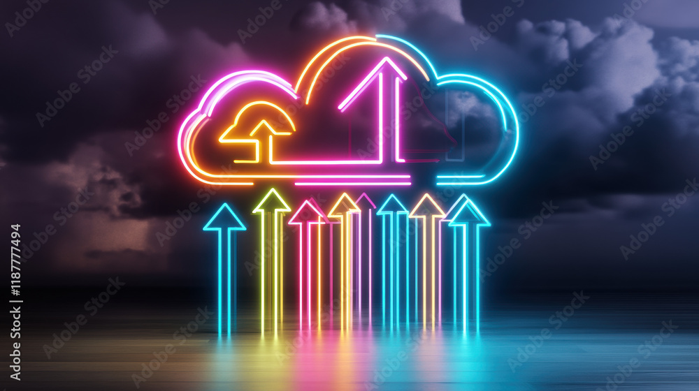 Poster cloud memory, a vibrant 3d visualization of a glowing cloud with directional arrows, showcasing high
