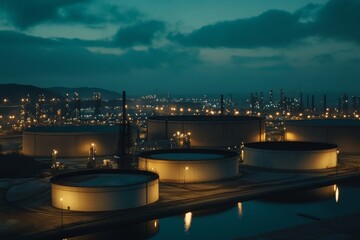 Night view of illuminated industrial refinery tanks and factory.