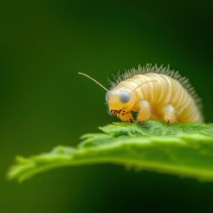 Close-Up of a Yellow Caterpillar on a Leaf, Showcasing Intricate Details and Unique Features, Perfect for Nature and Insect Photography Enthusiasts