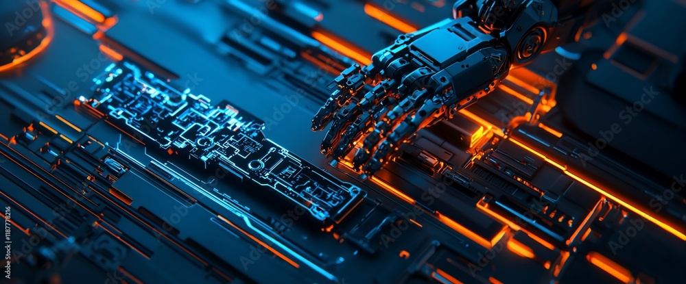 Poster robotic hand interacting with a futuristic circuit board.