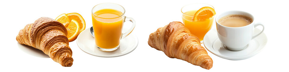 Two cups of coffee and orange juice sit on a white plate