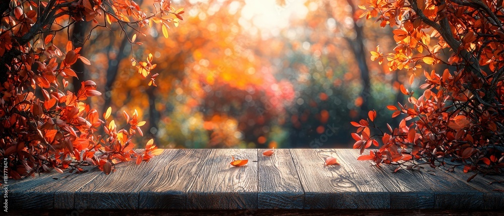 Poster empty rustic wooden table against a blurred autumn forest background. perfect backdrop for fall-them