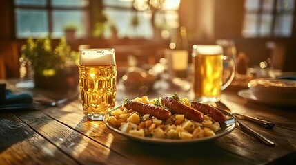Sunny rustic table with beer and sausages.