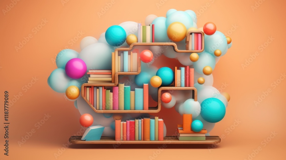 Poster whimsical bookshelf in a cloud of color: a 3d render of a creative library