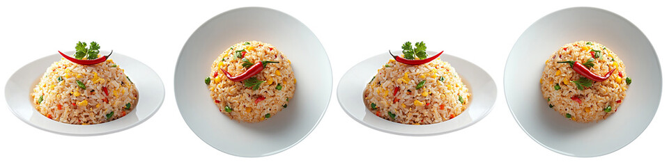 Four bowls of food with a spicy pepper on top