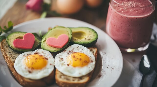 Healthy and Romantic Breakfast with Avocado Toast, Fried Eggs and Pink Smoothie