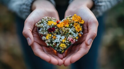 Heart-shaped floral arrangement cradled in hands
