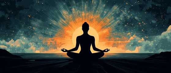 Silhouette meditating sunrise ocean peace