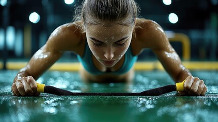 Woman doing pushups on rotating handles in gym with dark background.