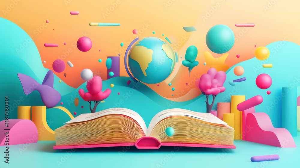 Poster open book world: a 3d render of imagination and colorful exploration