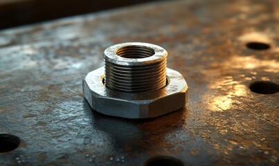 Steel nut and fitting on metal plate