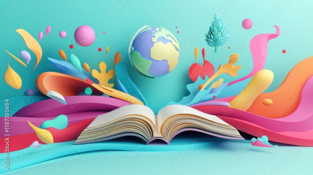 Poster open book imagination colorful world: a 3d render of knowledge and exploration