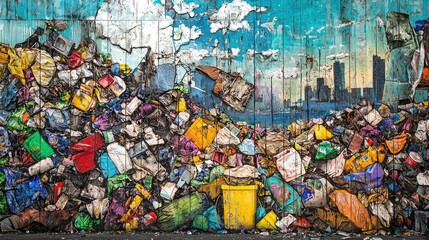 Fototapeta premium Urban Wall Art Depicting Recycled Trash Against Vibrant Skyline