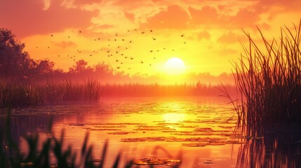 Serene Sunset Over Tranquil Wetland with Vibrant Colors and Wildlife