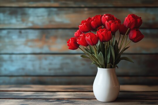 Fundo de madeira rústica com um vaso de flores vermelhas vibrantes, criando um contraste elegante e acolhedor. A combinação destaca a beleza natural e a simplicidade sofisticada da decoração
