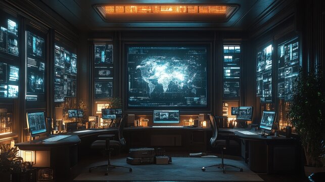 Futuristic Control Room Global Network Monitoring. - Powered by Adobe