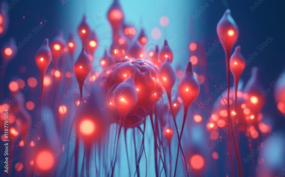 Poster abstract neural network imagery with glowing synapses and neurons in blue and red tones
