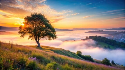 Serene Solitary Tree Overlooking Misty Valley - Quiet Contemplation in Nature's Embrace