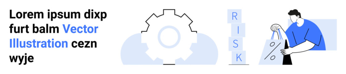 Business professional analyzing chart data next to gear icon and text RISK. Ideal for business analysis, strategy planning, risk management, data analysis, decision making, corporate training