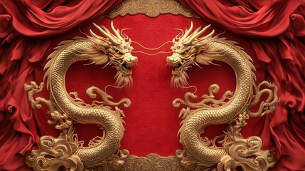 Classic Chinese New Year 2025 invitation sign with golden dragon motifs, red silk textures, and an ornate calligraphy header.