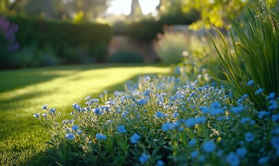 Fototapeta premium Sunlit garden, blue flowers, green lawn, tranquil scene, nature background