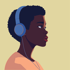 Beautiful black woman. Young african american. Portrait of young woman with beautiful face and hair. Side view. Isolated on a beige background.