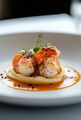 Exquisite Seafood Pasta Dish Featuring Grilled Lobster, Tender Pasta Noodles, Garnished with Fresh Herbs and Rich Sauce in Elegant Fine Dining Presentation