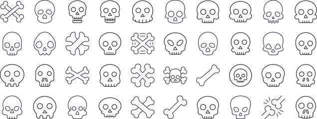 Collection of Skull Related Line Icons. Outline Signs for Graphic and Web Design, Apps, Adverts, Various Cards