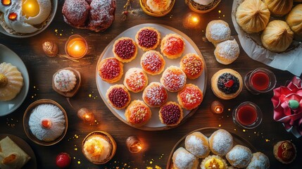 Chinese New Year pastries such as red bean paste buns and coconut tarts arranged artistically on a wooden table with festive gold accents.