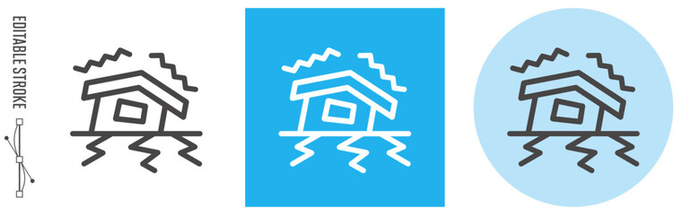 地震・倒壊、自然災害｜ライン・アイコン　[線の編集可能]