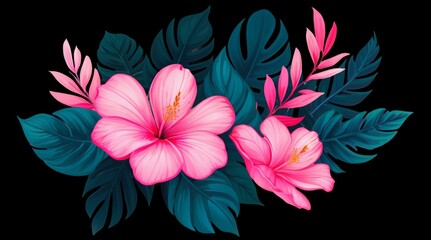 Vibrant Botanical Floral Composition with Pink Hibiscus and Lush Green Leaves