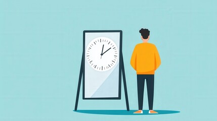 A thoughtful person standing in front of a large clock reflecting on time management and the importance of punctuality in a minimalistic setting