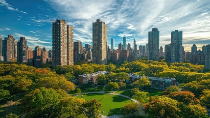 Obraz premium Vibrant Urban Park Surrounded by Skyscrapers and City Life