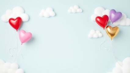 Heart-shaped balloons in bright colors with white ribbons against a sky-blue background. A festive and playful Valentine&rsquo;s Day pattern.
