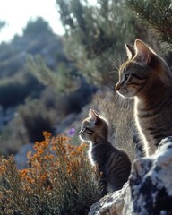 Two tabby kittens sitting on rocks, outdoors.