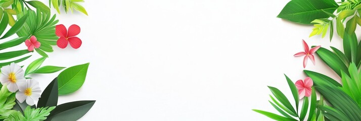 Fototapeta premium Lush Tropical Leaf Border - Vibrant tropical leaves and flowers frame a white background, symbolizing freshness, nature, serenity, growth, and beauty.