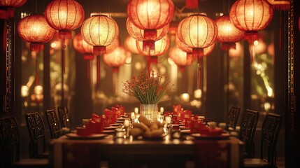 Chinese New Year set with intricate lanterns glowing in soft reds and golds, surrounded by traditional decor like lucky bamboo,