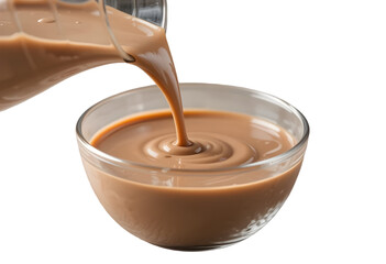 Pouring Chocolate Milk into Glass Bowl on Transparent background 