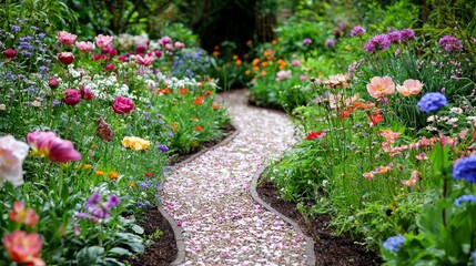 Fototapeta premium A Serene Garden Path: Vibrant Blossoms and Tranquil Scenery